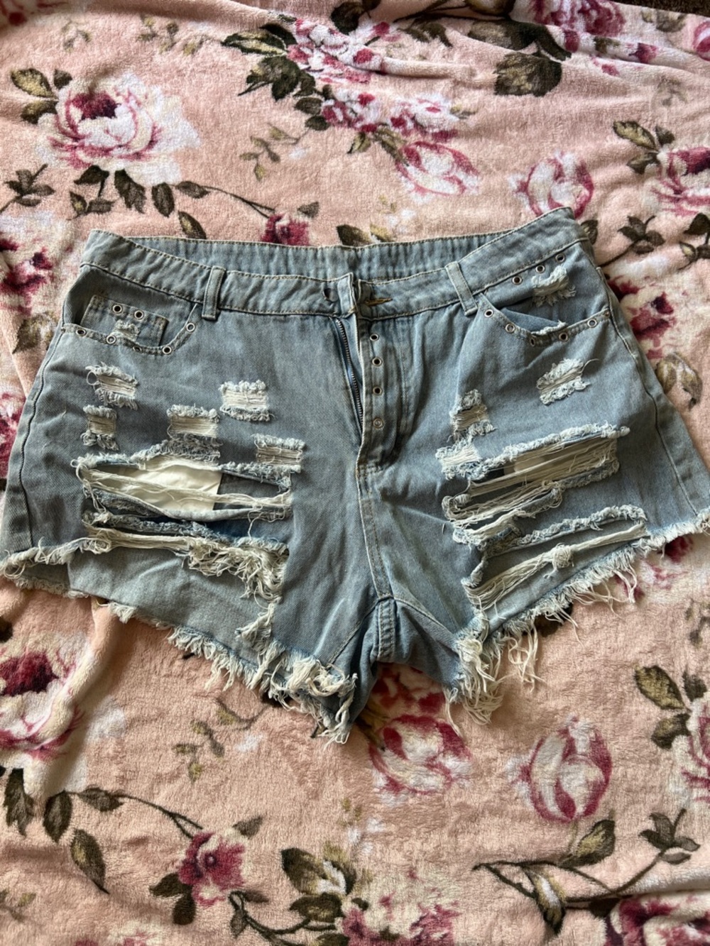 SHEIN Light Blue Distressed Denim Shorts with Frayed Hem